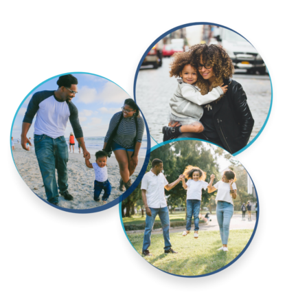 Three photos showing families enjoying outdoor moments together.